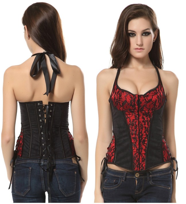 Black and red halter style overbust boned corset